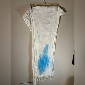 White crinkle gauze Scarf with a fringed edge and a lovely Blue design